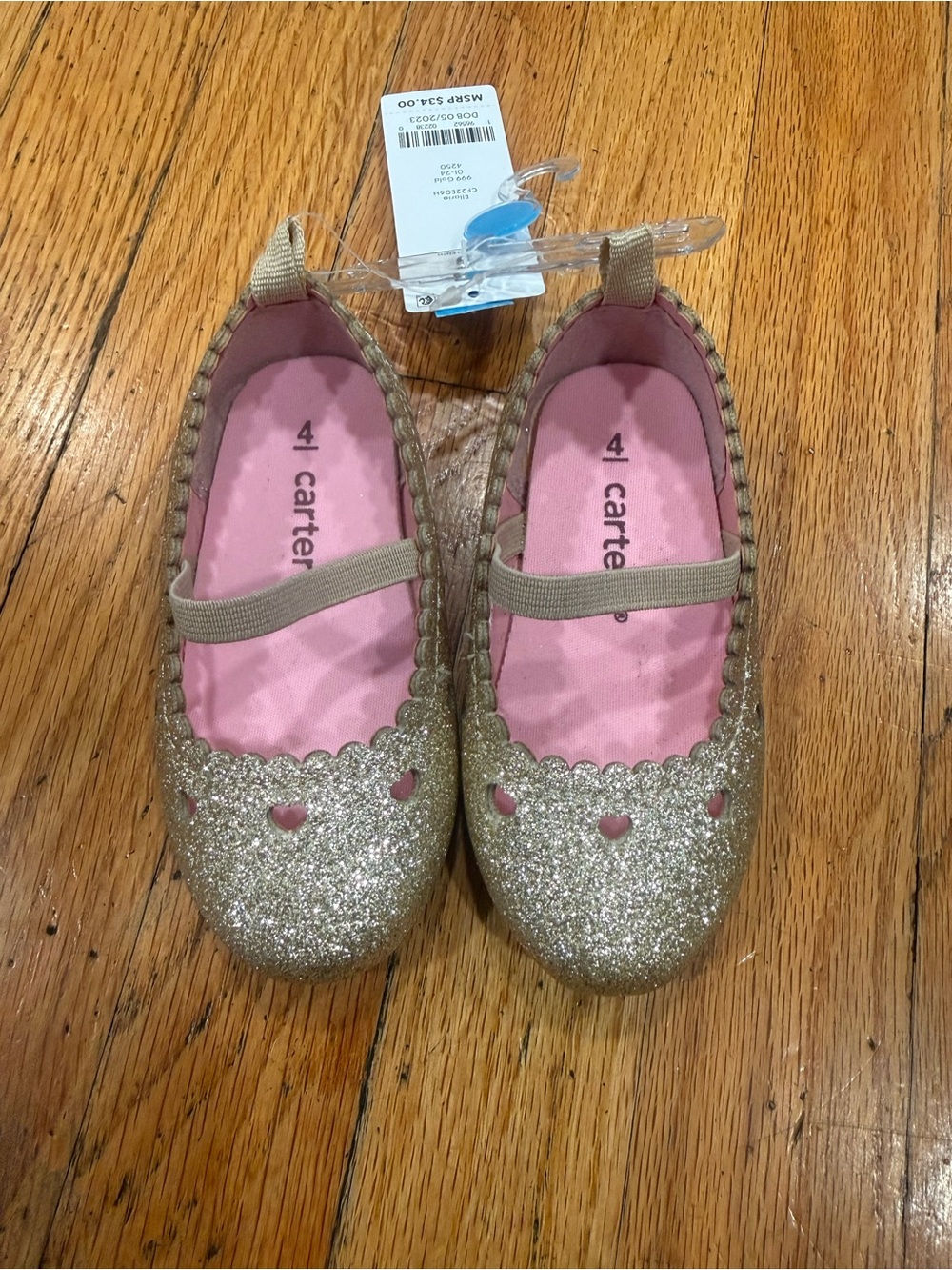 Carter's Gold Glitter Heart Mary Jane Flats with Pink Insole